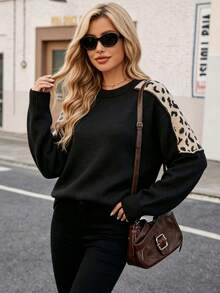 Women's Beige & Black Leopard Print Raglan Sleeve Crew Neck Cozy Thermal Pullover For Fall Winter Casual Comfort Essential, Back To School - Black - View 6