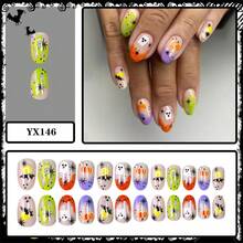 24pcs Short Round Press-On Nails, Colorful Short Nails, Bat & Pumpkin Design, Halloween Nail Stickers - 彩色 - 查看 3