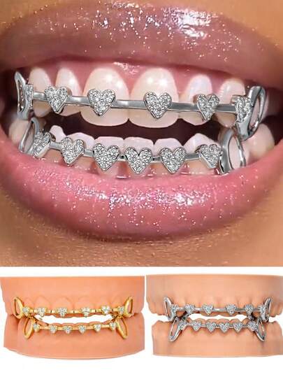 THATBOY 2 piezas Grillz laterales huecos Love Connection, con incrustaciones de cobre y circonita 5A, regalo de fiesta estilo hip-hop cool para mujeres