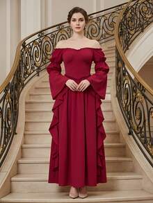 Vintage Medieval Court Style Women's European American Stage Performance Gentle Long Dress, Off-Shoulder Ruffle Bell Sleeve Dress - Red - View 3