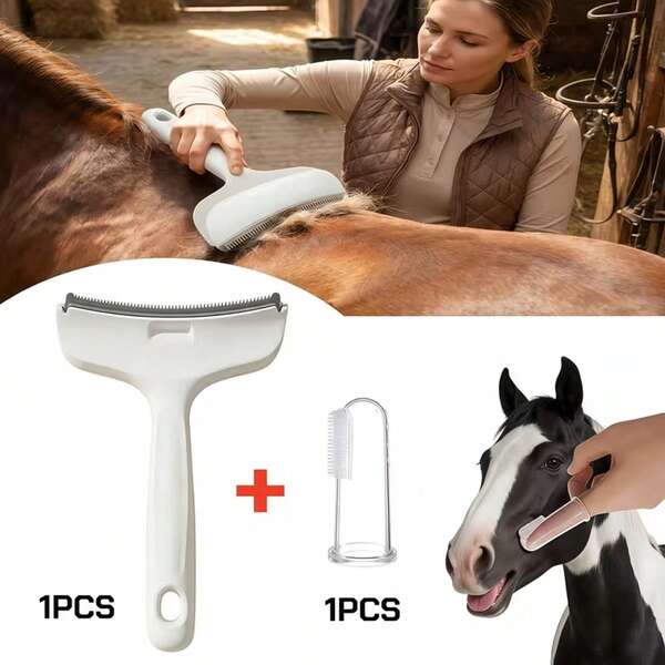 1pc Horse Grooming Brush + 1pc Horse Toothbrush Finger Sleeve, Suitable For Horses And Ponies, Heavy Duty Winter Fur Cleaning Tool With Ergonomic Handle, Professional Stable Grooming Comb, Suitable For Livestock, Horse Riding Equipment Dehairing Brush