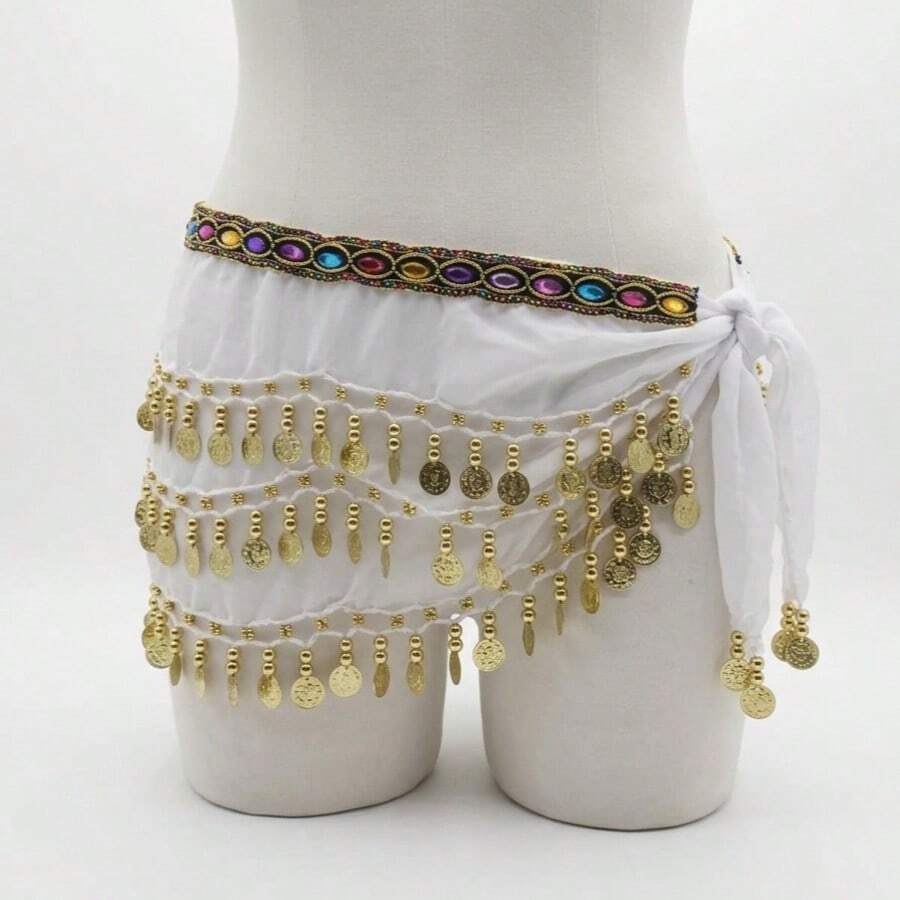 Belly Dance Scarf With Stones And Coins Luxury Various Models - New Arrival - 白色 - 查看 1