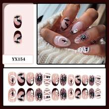 24pcs Short Round Press-On Nails, Colorful Short Nail Tips, Black Spider & Cat Nail Art, Halloween Nails - 彩色 - 查看 3