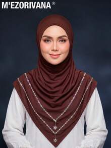 1pc M'Ezorivana Muslim Women Instant Hijab, Gemstone Embellished Design With Premium Chiffon Fabric For Luxurious Look, Suitable For Various Occasions, One-Piece Cap And Body Hijab - Chocolate Brown - View 1