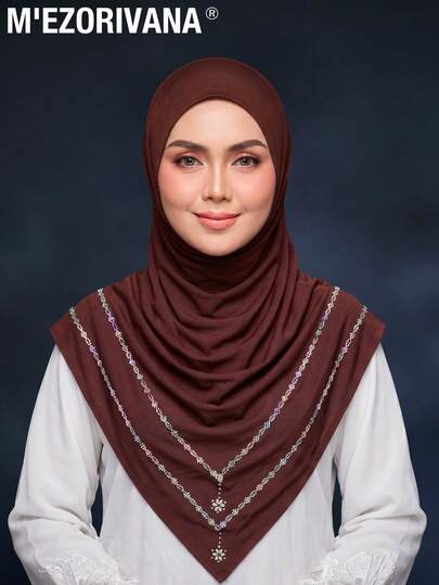 1pc M'Ezorivana Muslim Women Instant Hijab, Gemstone Embellished Design With Premium Chiffon Fabric For Luxurious Look, Suitable For Various Occasions, One-Piece Cap And Body Hijab