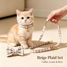 3pcs Cute Plaid Cat Collar Set With Bell, Adjustable Soft Neck Strap, Fashion Pet Accessory For Daily Walking - Multicolor - View 2