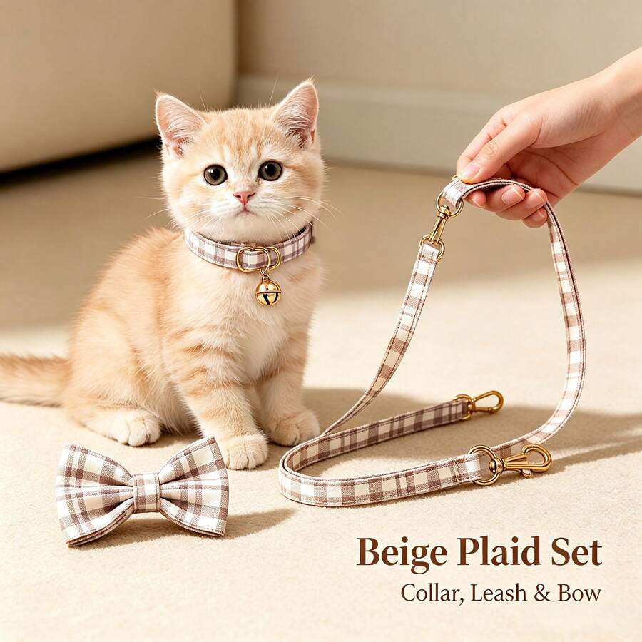 3pcs Cute Plaid Cat Collar Set With Bell, Adjustable Soft Neck Strap, Fashion Pet Accessory For Daily Walking