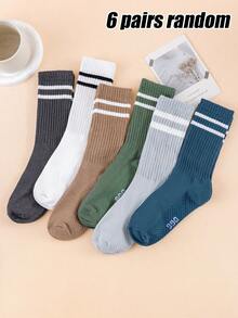 2/6 Pairs Random Women's Extended Mid-Calf Socks, Sports Versatile Striped Two-Bar College Style, Suitable For Yoga, Casual, Back To School, Home Wear - Multicolor - View 9