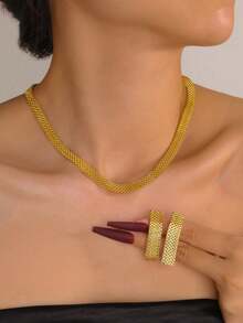3pcs Minimalist Hollow Wide Necklace, Earrings, Mesh Collarbone Chain Set, High-End Versatile Women's Jewelry - A1 - View 13