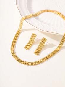 3pcs Minimalist Hollow Wide Necklace, Earrings, Mesh Collarbone Chain Set, High-End Versatile Women's Jewelry - A1 - View 15