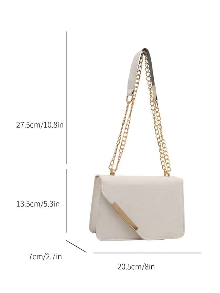 White Asymmetric Metal Long Bar Lock Thick Chain Strap Decorative Phone Lipstick Cosmetic Small Item Storage Flap Snap Closure Minimalist High-End Horizontal Small Square Bag Commute Date Evening Party Daily Wear Chain Shoulder Crossbody Dual-Use Light Luxury Elegant Versatile Tofu Block Small Bag - White - View 2