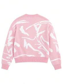 Women's Pink Round Neck White Abstract Print Loose Knit Sweater, Long Sleeve Ribbed Hem Pullover, Sweet Girl Y2K Style Vacation - Pink - View 4