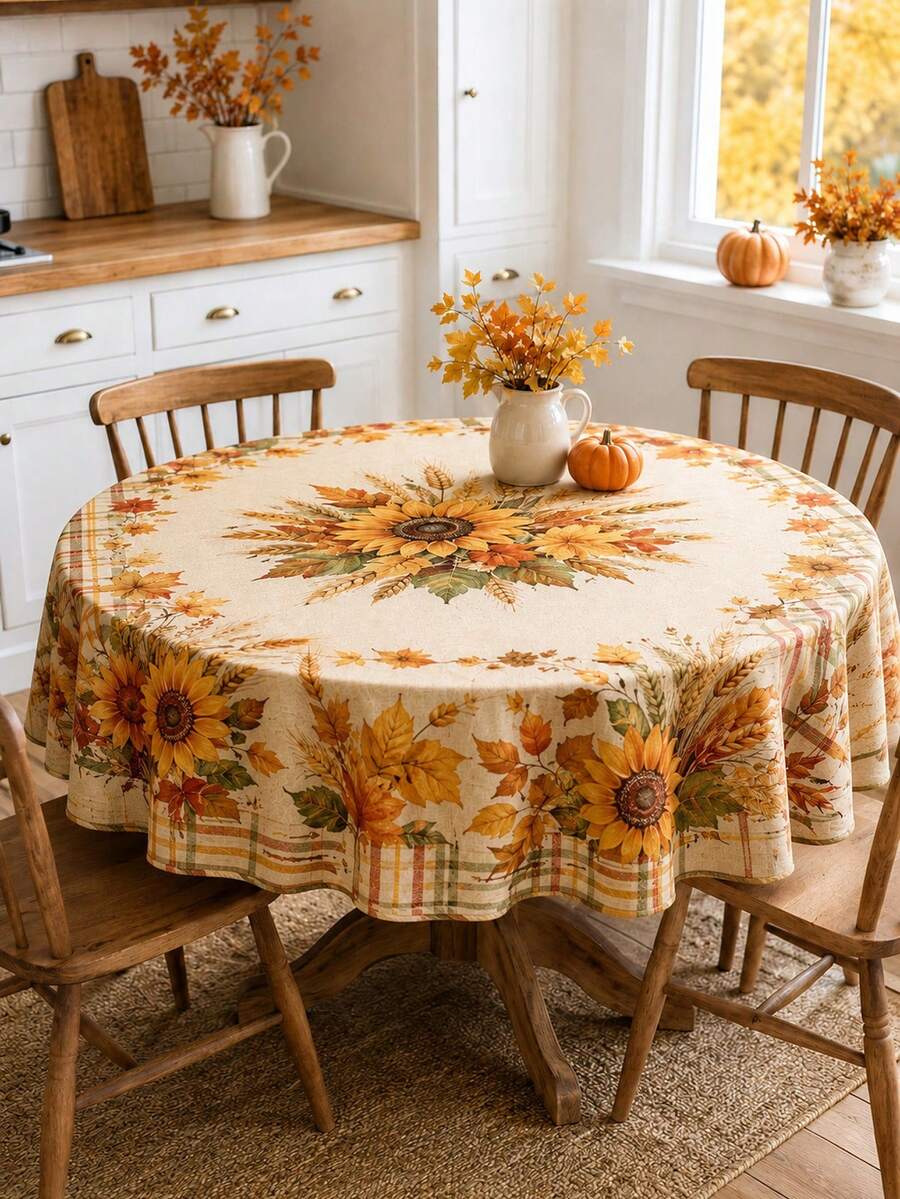 1 buah Taplak Meja Bundar Motif Bunga Matahari Musim Gugur, Penutup Meja Bundar Poliester dengan Motif Daun Maple, Gandum Panen, dan Pinggiran Kotak-kotak Pedesaan untuk Meja Makan, Dekorasi Dapur, Makan Malam Thanksgiving, Pesta Musim Gugur, dan Dekorasi Rumah Gaya Pedesaan - MultiWarna - View 1