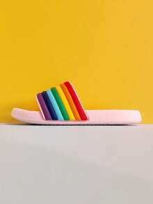 1 Pair Children's Multi-Color Patchwork Minimalist Flat Slippers, Suitable For Indoor/Outdoor Wear, Pool, Beach, Vacation, Summer - Pink - View 4