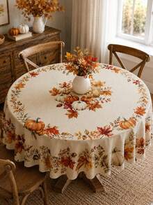 1pc Autumn Pumpkin Round Tablecloth, Polyester Circular Table Cover With Maple Leaves, Harvest Floral Print And Rustic Farmhouse Style For Dining Table, Kitchen Decor, Thanksgiving Dinner, Fall Party And Seasonal Home Decoration - Multicolor - View 13