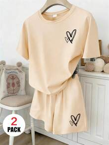 2pcs/Set Teenage Girls' Heart Print Short Sleeve T-Shirt And Shorts Set, Casual Loose Fit, Suitable For Vacation And Shopping Outings, Summer - Apricot - View 2