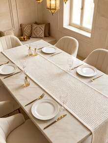 1pc Cream Waffle Textured Table Runner, Neutral Arabic Farmhouse Style Woven Rectangular Table Runner With Tassels, Elegant Dining Table Decor Cloth, Suitable For Middle Eastern Home, Ramadan Festival And Daily Home Use - Cream Rice - View 2