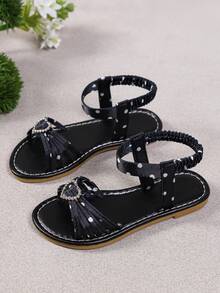 A Pair Of Black Polka-Dot Flat Sandals For Girls, Heart Rhinestone Shoes For Girls, Suitable For Daily Outings And Beach Trips - Black - View 4