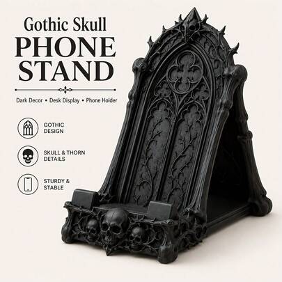 1pc Gothic Skull Phone Stand, Dark Gothic Style Desktop Phone Holder With Skull And Thorn Details, Black Decorative Desktop Phone Stand, Suitable For Desk, Bedside Table, Shelf, Home Office Decor, Gift For Gothic Style Enthusiasts