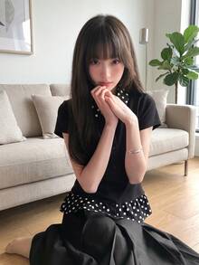 Black Colorblock Polka Dot Peter Pan Collar Short Sleeve T-Shirt Women Summer INS Style Slim Fit Flattering Design Versatile Top - Black - View 2