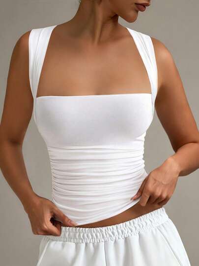 XLLAIS Top de tirantes ajustado blanco con cuello, casual y de moda para vacaciones, adecuado para todas las estaciones, verano, estética de chica limpia