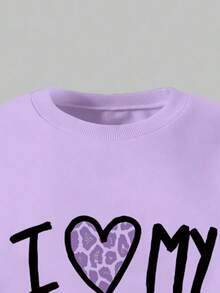 Young Girl Letter Print Crew Neck Long Sleeve Top And Leggings Set - Purple - View 5