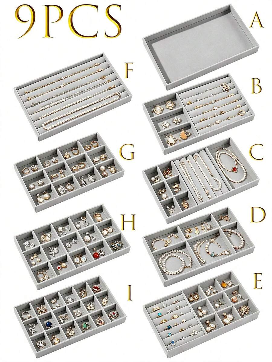 1/4/5/6/7/8/9pcs Velvet Jewelry Tray Set, Large Capacity, Independent Compartments, Stackable Jewelry Display Rack, Earrings, Necklaces, Bracelets, Rings, Hair Clips
