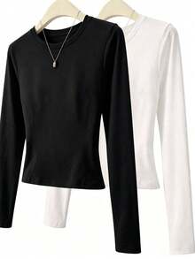 Women's Solid Color Round Neck Casual Daily Long Sleeve T-Shirt - Black and White - View 5