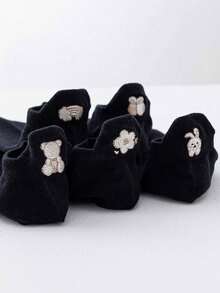 5 Pairs Cotton Women's Short Socks, Cartoon Embroidery Heel Tab Socks, Thin Cotton Socks Suitable For All Seasons, Soft Breathable Non-Squeezing Black Versatile Socks, Summer Cool Travel Essential (Random Color). - Black - View 6