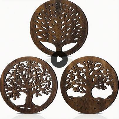 3pcs Tree Of Life Wooden Trivet Set, Round Rustic Farmhouse Style Heat-Resistant Coasters For Hot Plates, Suitable For Kitchen And Dining Table