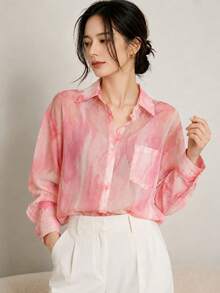 YUXIN 女款大尺碼甜美紮染輕盈透氣寬鬆長袖上衣 粉色 - 粉色 - 查看 3