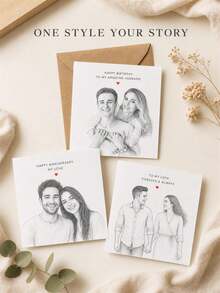 Custom Personalized Sketch Couple Photo Greeting Card, Custom Text Birthday Card For Husband. Romantic Souvenir Gift For Birthday, Wedding Anniversary, Ideal Loving Present For Your Partner. - Multicolor - View 2