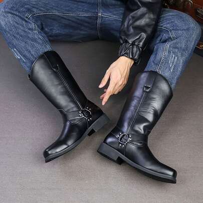 Men's Buckle Western Mid-Calf Riding Boots, Men's Boots, Vintage Work Boots, Outdoor Daily Commute Men's Casual Boots