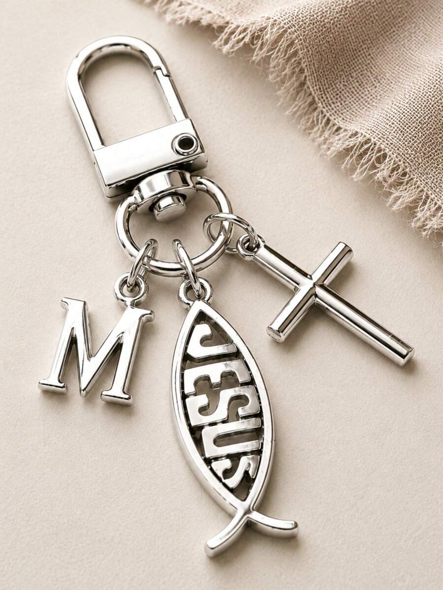 Personalisierter Anfangsbuchstabe C Jesus Fisch Kreuz Schlüsselanhänger - Zinklegierung religiöser Schlüsselanhänger, mit inspirierendem Design perfekt für Unisex Accessoires, inspirierender Schlüsselanhänger | religiöser Schlüsselanhänger | Rucksack Schlüsselanhänger
