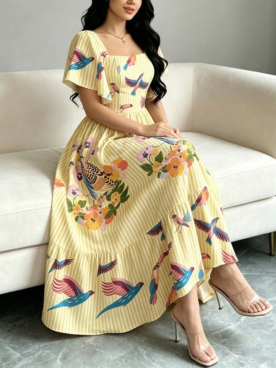 floral y geométrico con estampado de jirafa para mujer, de mujer con cuello cuadrado y mangas cortas, diseño con volantes en el bajo, de estilo de vacaciones - Multicolor 2 - Ver 1