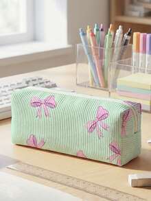 1pc Pencil Case, Stationery Storage Bag, Corduroy Material Bowknot Print Large Capacity Pencil Case For Teenagers, Multi-Function, First Day Of School - Multicolor - View 17