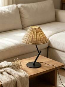 1pc USB Powered Creative Slanted Handmade Woven Rattan Table Lamp, Japanese Wabi-Sabi Nordic Ins Cream Style, Bedroom Bedside Living Room Decor Ambient Light, Desktop Lamp, Minimalist Modern Vintage Premium Decorative Table Lamp - Black - View 3