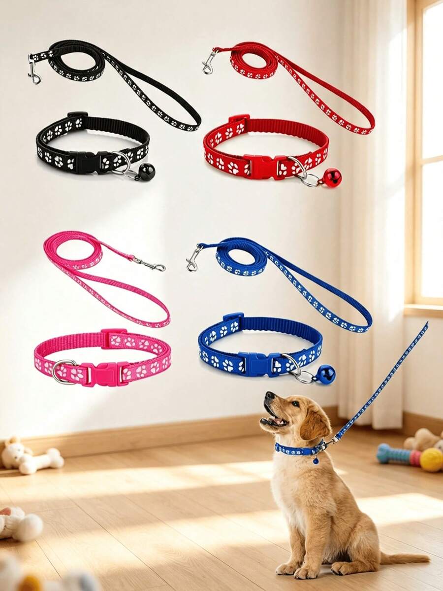 8/4/2pcs Cute Dog Paw Print Leash And Collar Set, Made Of Polypropylene With Bell, Adjustable Buckle, Fashionable And Beautiful, Suitable For Small Dogs And Cats, Multiple Colors Available (Random Color)