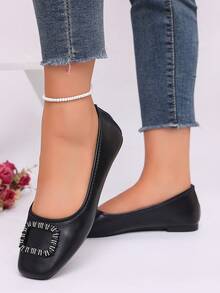 planare New Women's Popular Fashion Minimalist Solid Color Slip-On Square Toe Flat Black Loafers, Suitable For Daily Commute, Office, Evening Party And Other Occasions - Black - View 8