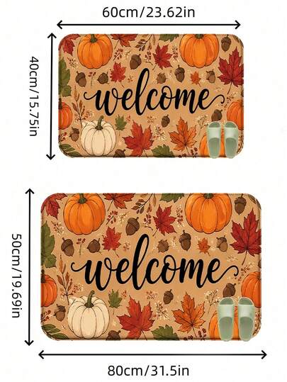 1pc Autumn Halloween Pumpkin Maple Leaf Welcome Printed Floor Mat, Crystal Velvet Machine Washable Doormat, Suitable For Kitchen, Hallway, Entrance, Bedroom, Living Room, Indoor/Outdoor And Home Office, Family Home Decor, Halloween Decorations, Halloween Decorative Rug