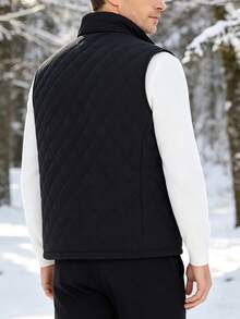 1pc Men's Spring/Autumn Stand Collar Diamond Quilted Vest, Sleeveless Waistcoat, Solid Color Outdoor Commute Daily Wear Jacket - Black - View 2