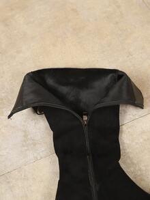 New Vintage Suede Leather Belt Buckle Knee-High Chunky Heel Round Toe Riding Boots For Women - Black - View 8