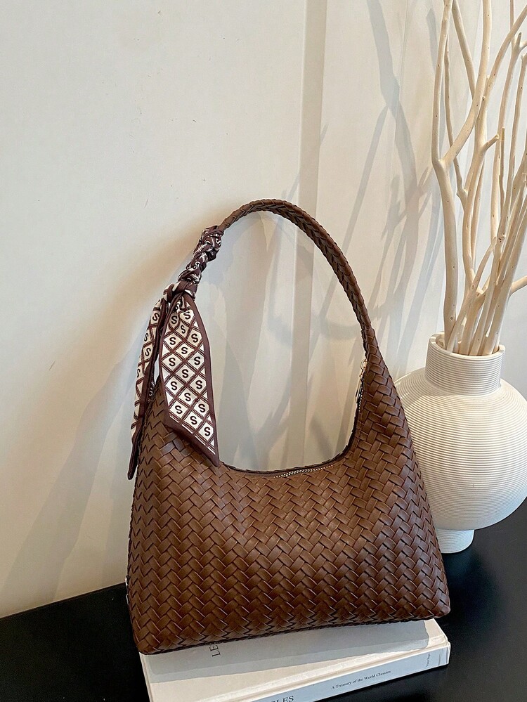 (Free Scarf) French Style Commuter Bag For Women, Cross-Border Woven Texture Underarm Bag, Scarf Design Niche Shoulder Bag, Elegant Fashion Textured Minimalist Handheld Crescent Bag (Random Scarf Color) - Coffee - View 2