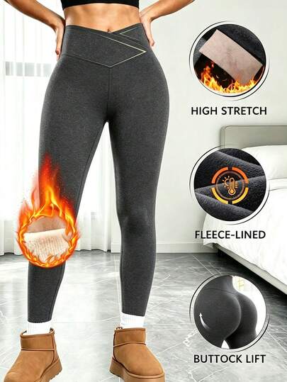 1pc Women's Autumn/Winter Tight Warm Pants, Criss-Cross Waist Design, Super Soft Fleece Lined High Waist Long Pants, Outerwear Leggings, Elastic Wide Waistband Ankle Pants