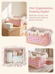 1pc Rectangular Baby Room Storage Basket, Lattice Lace Decor, Used For Storing Baby Bottles, Diapers And Wet Wipes Storage Box - Multicolor - View 5