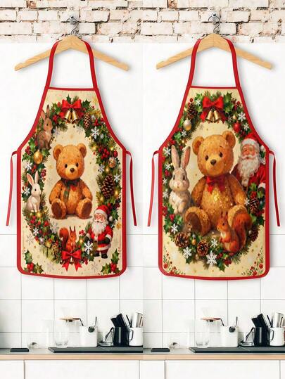 2Pcs Christmas Tree Snowman Print Apron Set, Holiday Kitchen Cooking Baking Aprons For Xmas Party Home Decor GiftSnowman Print Holiday Cooking Baking Aprons For Christmas Party Decoration