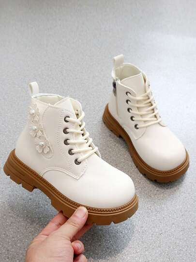 Sweet Style Girls' White Pearl Floral Lace-Up Side Zipper Ankle Boots, Children's Shoes, Suitable For Daily Wear, School, Party, Holiday, Outdoor
