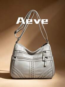 Women's Solid Color Gray Crossbody Bag, Multi-Layer Zipper Pockets Vintage Elegant Crossbody Bag, PU Leather Material, Artificial Leather, Braided Decor, Outdoor Shopping Mom Bag, Lightweight Portable Small Bag For Phone And Coins, Soft Square Bag, Suitable For Shopping, Gatherings, Business Use - Light Grey - View 3
