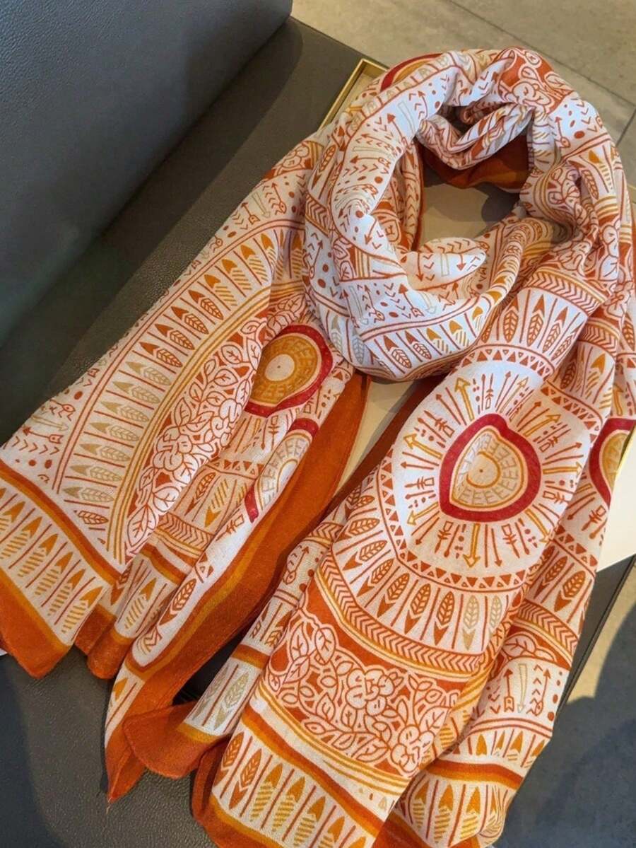 1件裝橘色與藍色菱格紋印花女款圍巾，春夏新款，防曬旅行用，流蘇設計，修飾身形，披肩沙灘巾