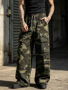 Men's Spring/Autumn Outdoor Workwear Camouflage Straight Leg Casual Pants, Street Vintage Fashion Versatile, Adjustable Elastic Cuffs - Army Green - View 1